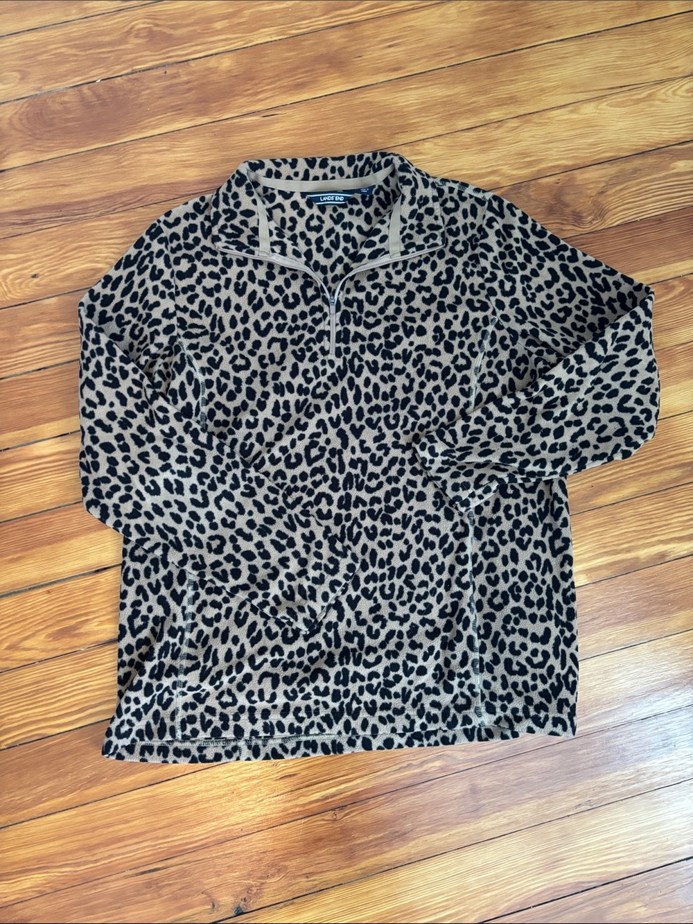 Lands' End Women's Leopard Print Quarter-Zip Pullover - Tan & Black